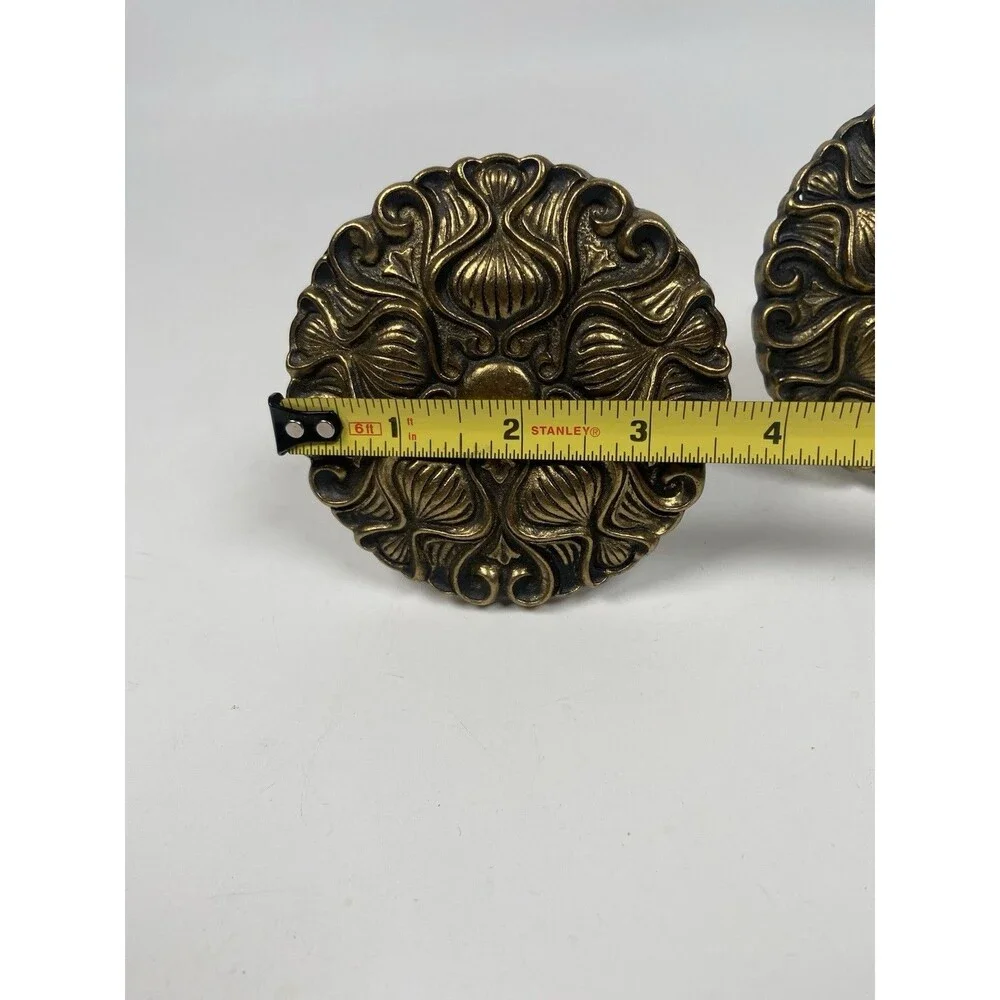 3 Vintage Ornate Brass Round Medallion Curtain Drapery Hold Backs Tiebacks MCM